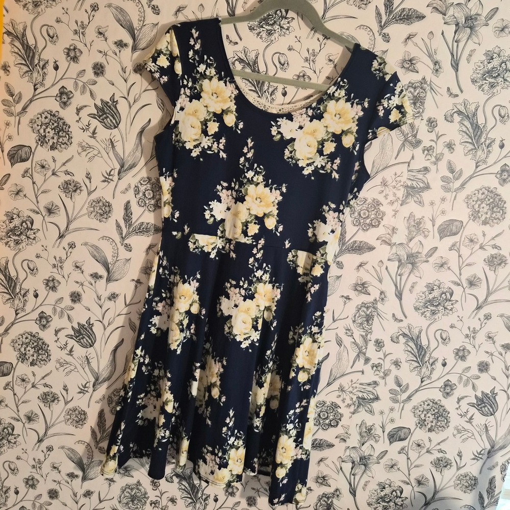 Rue21 Womens Medium Navy Blue Floral Fit & Flare Dress Crochet Lace Cottagecore